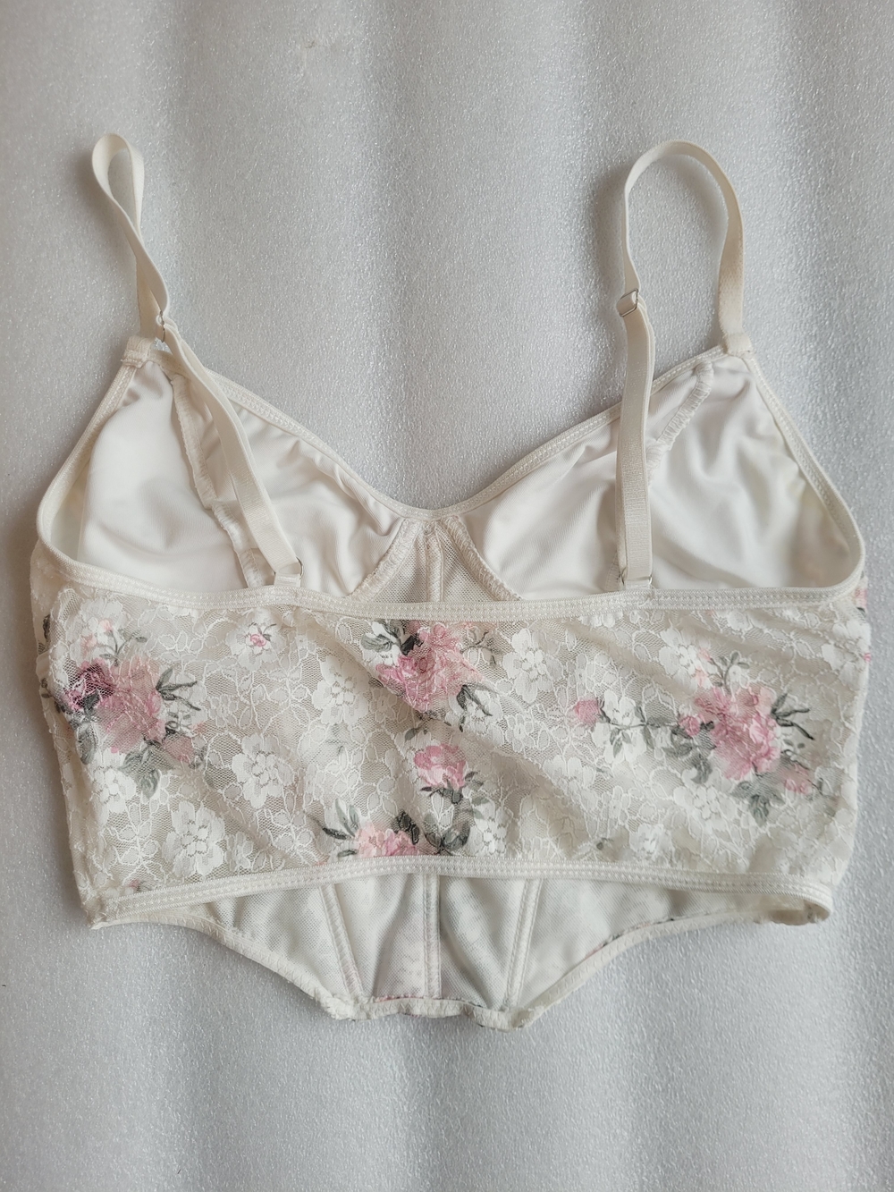 Floral Lace Bustier White with Pink Roses Corset Feminine - Picture 4 of 9